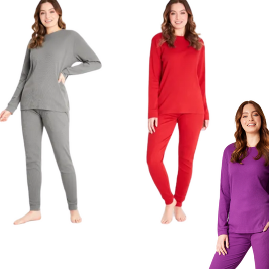 K002  LADIES LONG RIBBED PJS ASSORTED COLORS