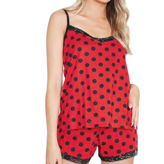 13547 LADIES SHORT PJS WITH LACE - RED SPOTS