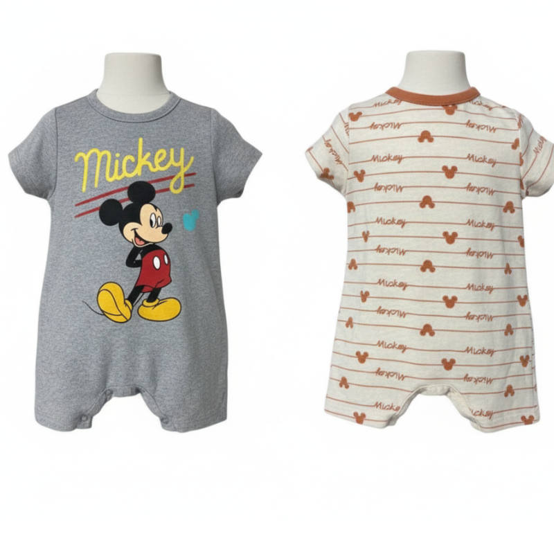 334 BABY BOY 2 PACK MICKEY LICENSE ROMPERS (GREY)