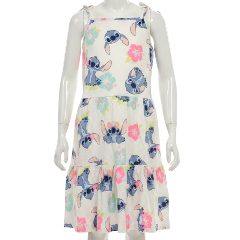 ST16 GIRLS LICENSE STITCH MULTI PRINT WHITE SUMMER DRESS