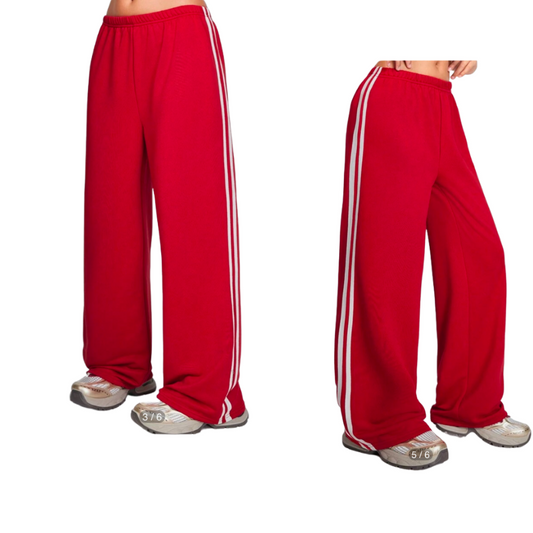 NL01 GIRLS EX STORE RED SIDE STRIPE WIDE LEG JOGGERS