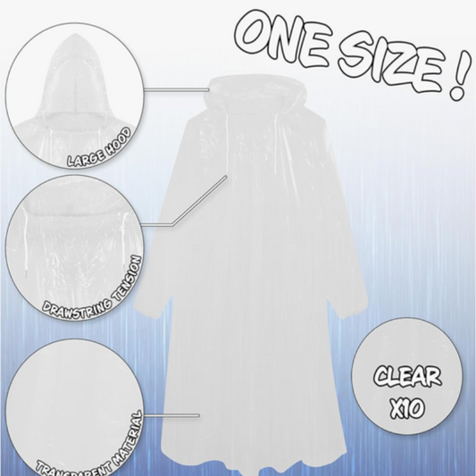 JH001 ADULTS DISPOSABLE RAINCOATS 10PC MULTIPACK CLEAR