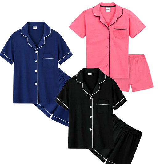 S004 GIRLS SHORT BUTTON DOWN PJ SETS ASSORTED COLOURS