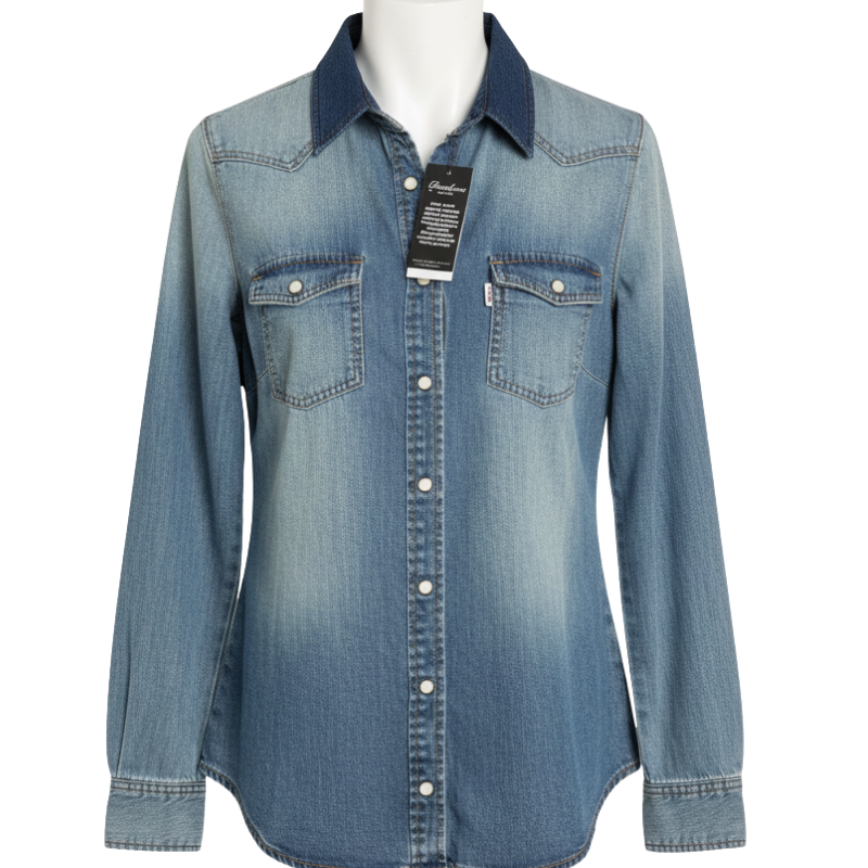 977 LADIES BRAND WASHED DENIM SHIRT WITH PEARL BUTTONS