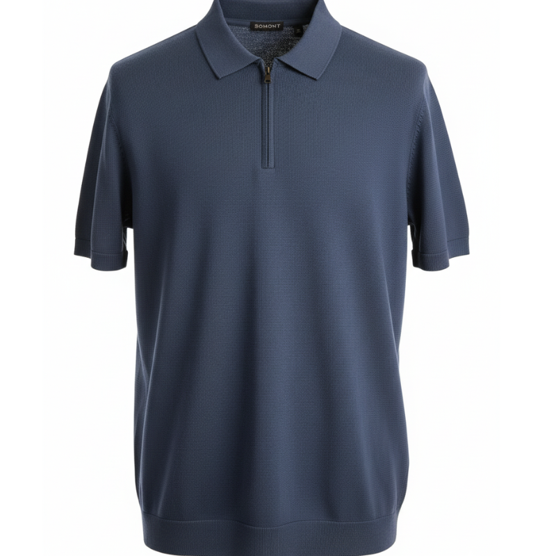 BM27  MENS BRAND KNITTED ZIP POLO TOP NAVY & STONE ASSTD