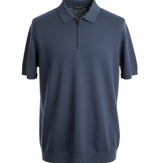 BM27  MENS BRAND KNITTED ZIP POLO TOP NAVY & STONE ASSTD